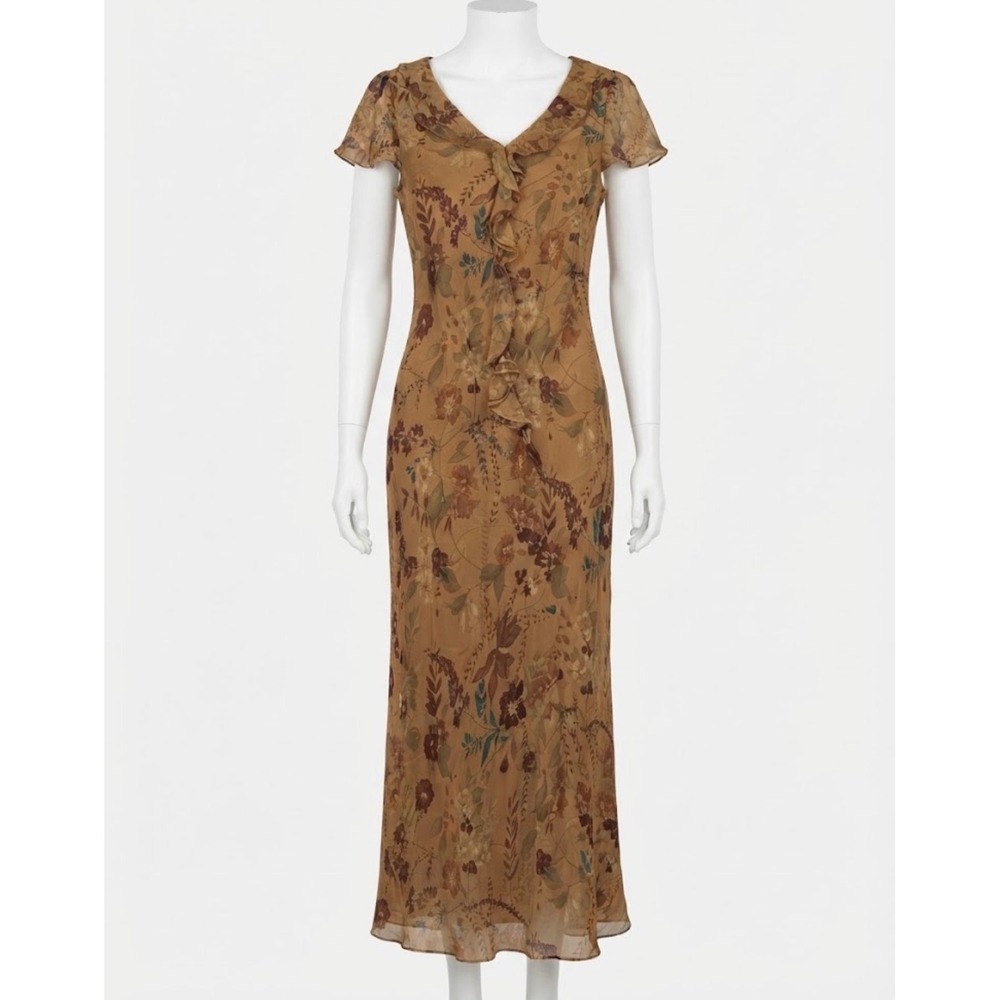 Charter Club Silk Floral Maxi Dress Size 16W Brown Ruffle V-Neck Fall Autumn